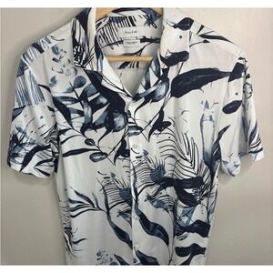 Porter Ash Mens Short Sleeve Button Up Shirt Tropical‎ Leaf Print Stretch Small